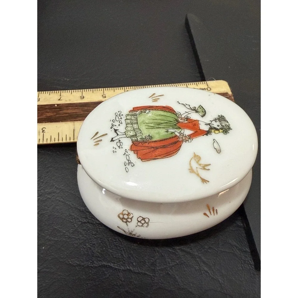 Japan Porcelain Hinged Trinket Box Hand Painted Victorian Crinoline Lady Fan VTG